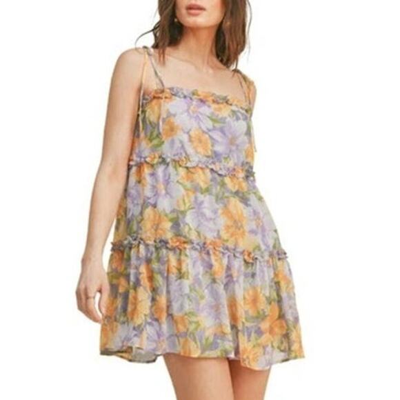 Lush Dress Floral Tie Shoulder Ruffle Minidress In Lilac Mango Floral NWT Small - Picture 1 of 9